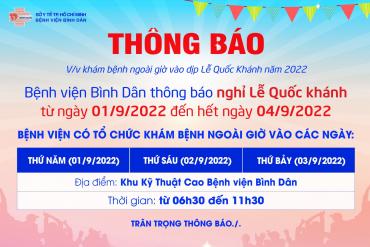 Thông báo Khám ngoài giờ vào dịp Lễ Quốc khánh 2/9 năm 2022