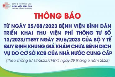 Thông báo Triển khai thu viện phí theo Thông tư 13/2023/TT-BYT