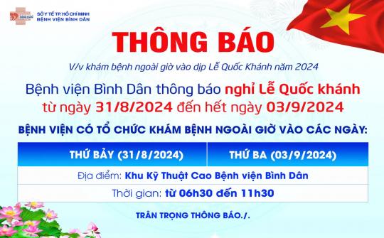 Thông báo về việc khám ngoài giờ dịp Lễ Quốc khánh 02/9